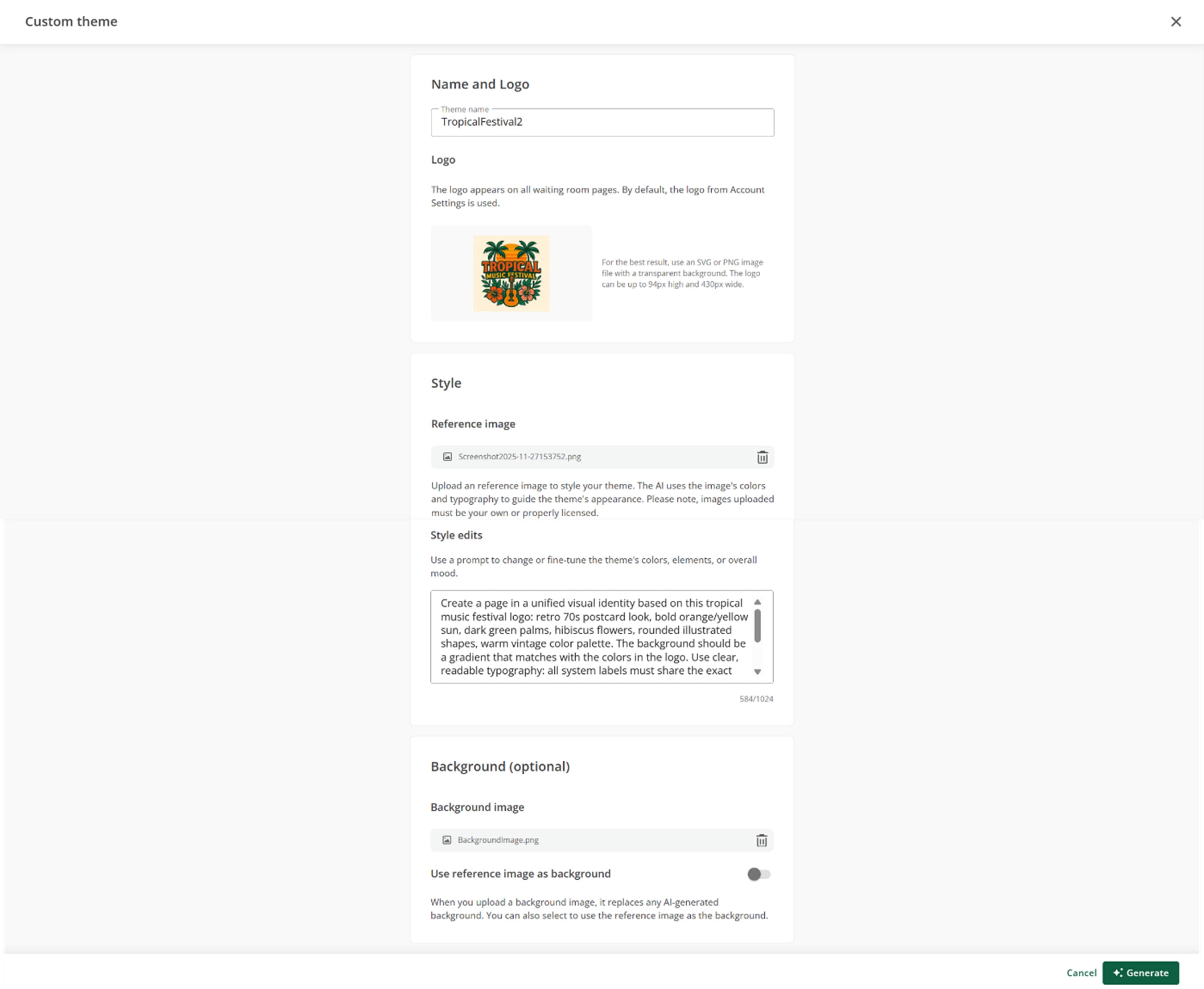 AI Custom Theme Generator Generation page